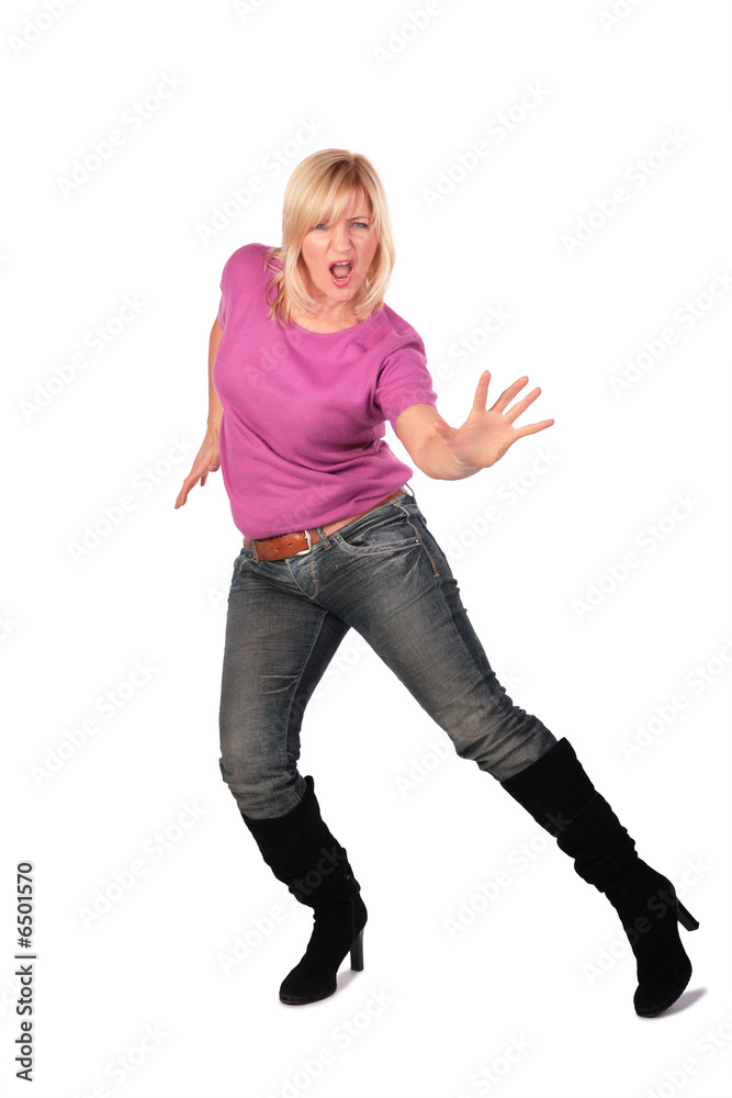middleaged woman in pink shirt stands dancing 4 middleaged woman in pink shirt stands dancing 4