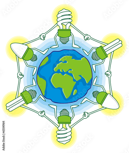 Earth globe cartoon with compact fluorescent light bulbs
