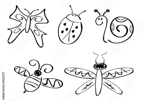 Schmetterling, Libelle, Biene, Käfer und Schnecke