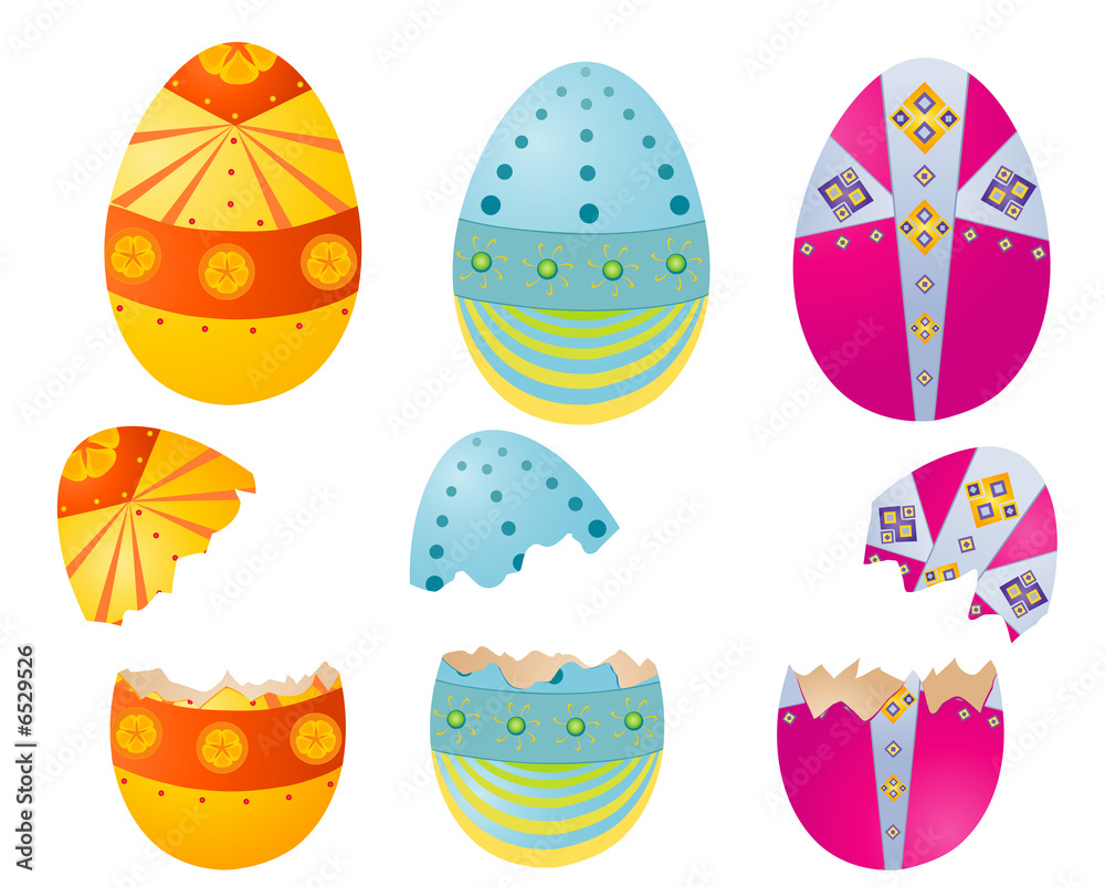 Fototapeta premium Easter colored eggs isolated- yellow, blue and pink.