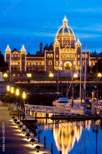 Parliament building illuminated at night, Victoria, British Columbia