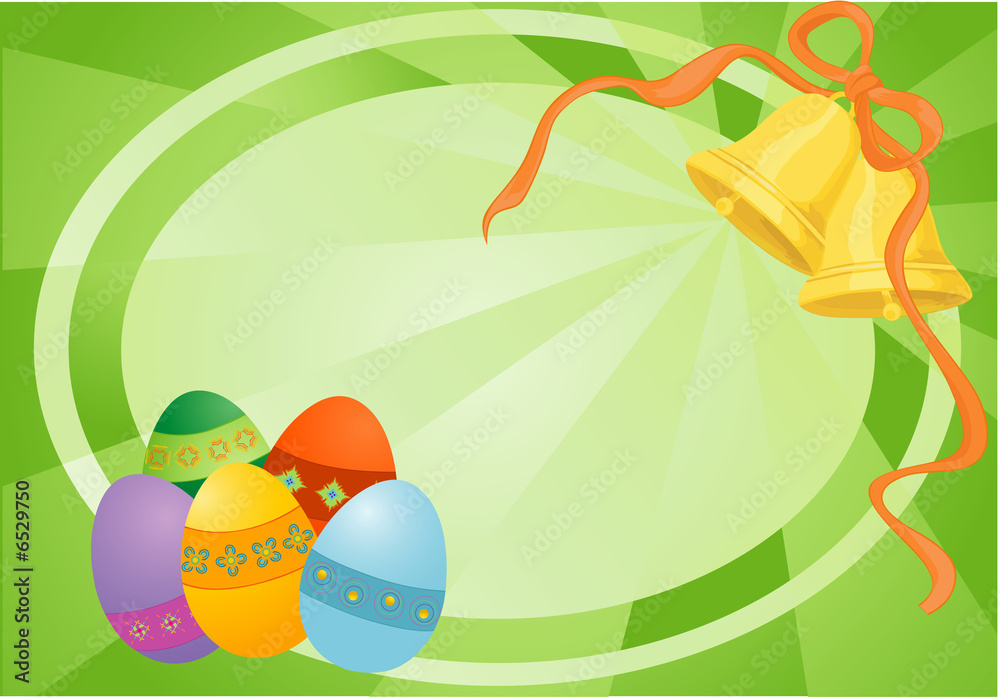 Easter green card with eggs and bells.