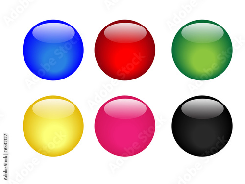 Six colorful glassy buttons