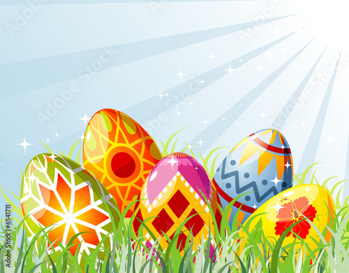 Easter eggs with ornament in grass, design, vector