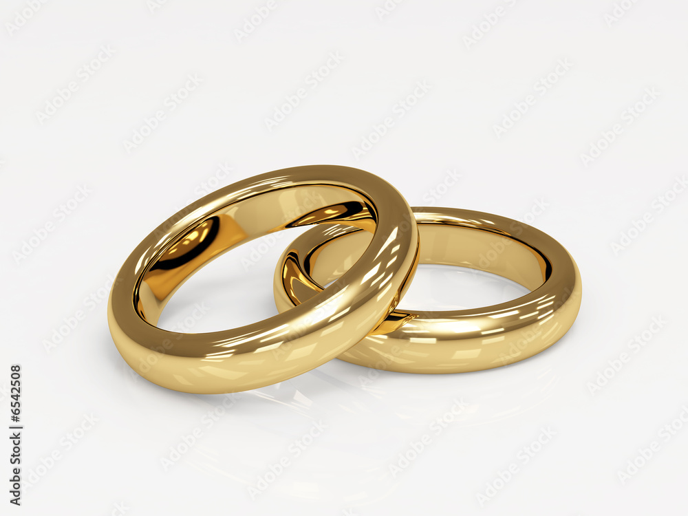Two 3d gold wedding ring, laying on a glossy surface Two 3d gold wedding ring, laying on a glossy surface