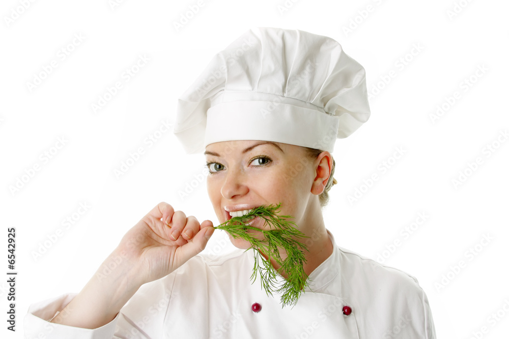 Happy attractive cook woman over white background Happy attractive cook woman over white background