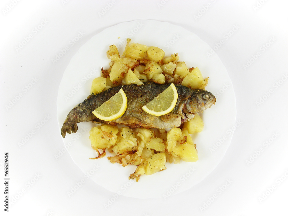 trout fish, potato and citron plate food
