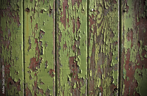 Green paint peeling from a wooden panel door