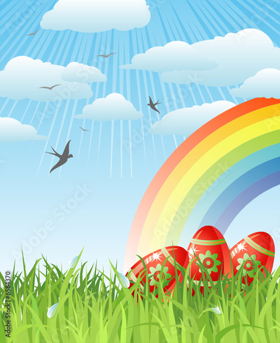 easter with eggs  birds and rainbow   vector