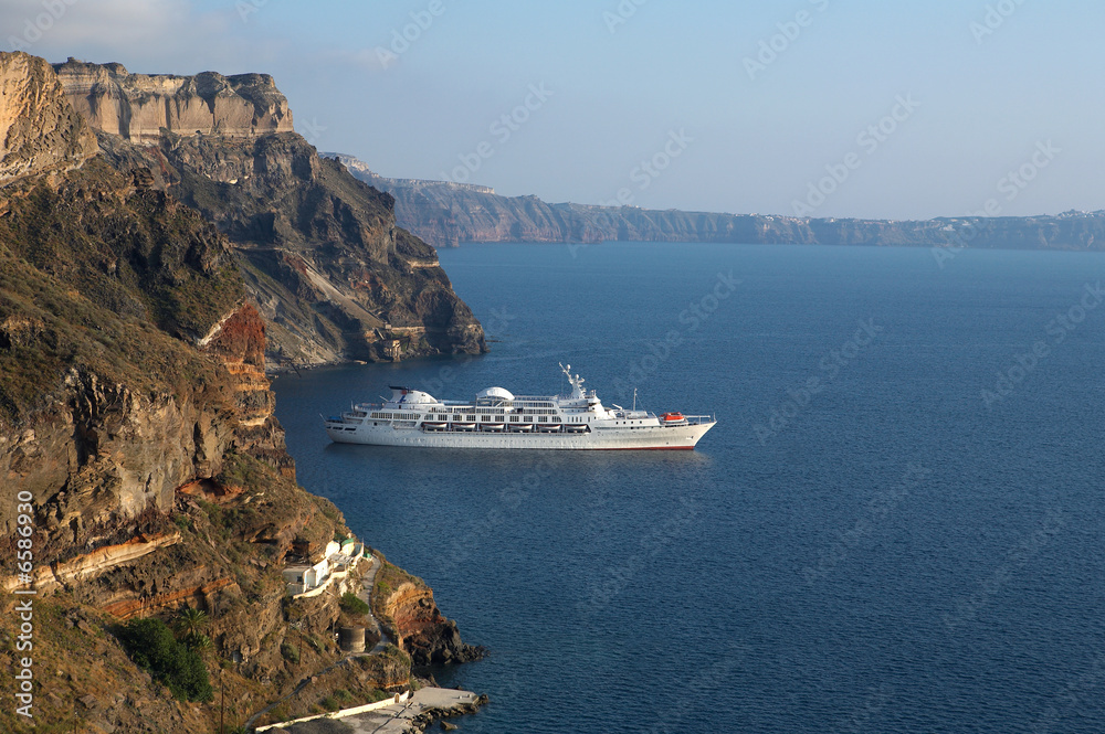 Ship at rocks Santorini