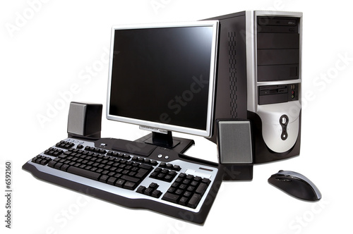 desktop computer with lcd monitor, keyboard, speaker and mouse, photo