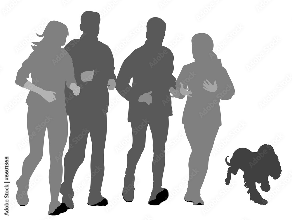 two couples with dog jogging