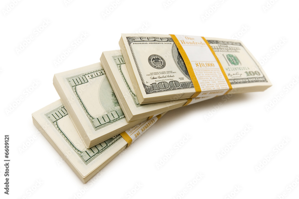 Ten thousand dollar stacks on the white Ten thousand dollar stacks on the white