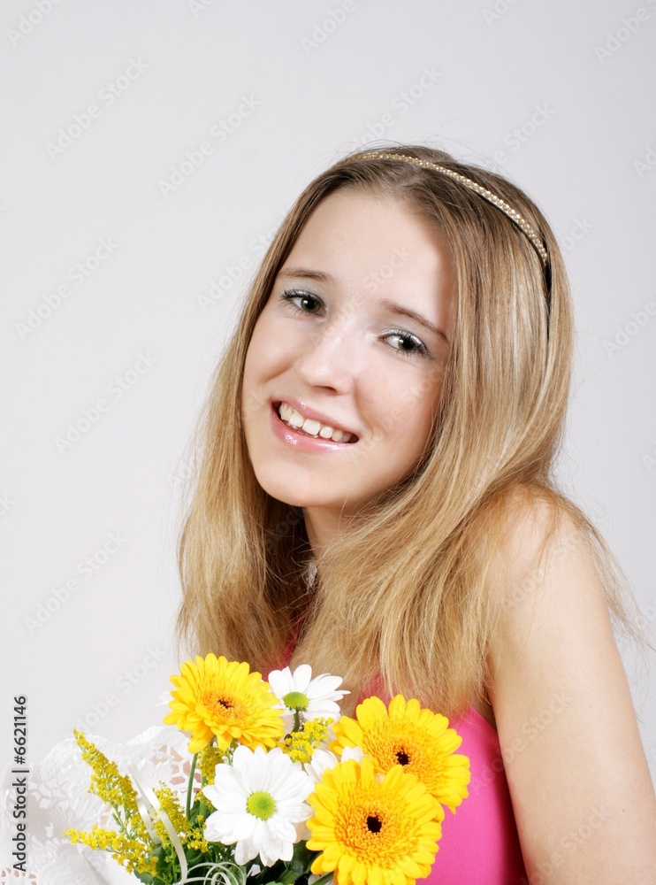 beautiful girl with headband and bouquet beautiful girl with headband and bouquet