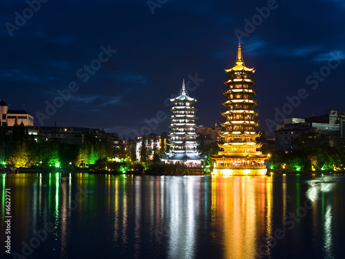 Pagodas in Banyan Lake in downtown Guilin