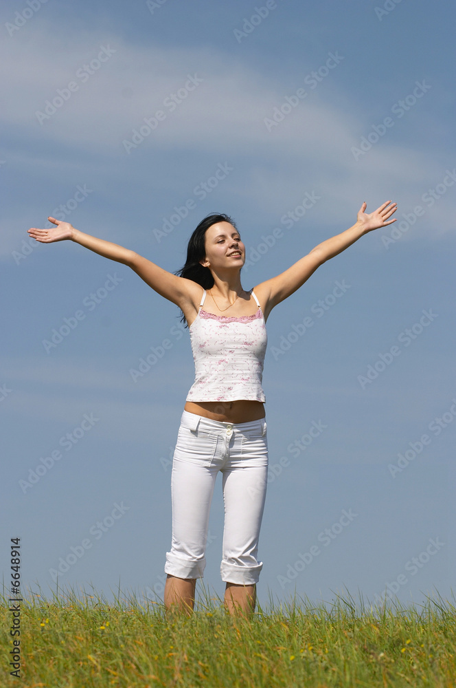 The cheerful girl, grass, the sky, horizon, The cheerful girl, grass, the sky, horizon,