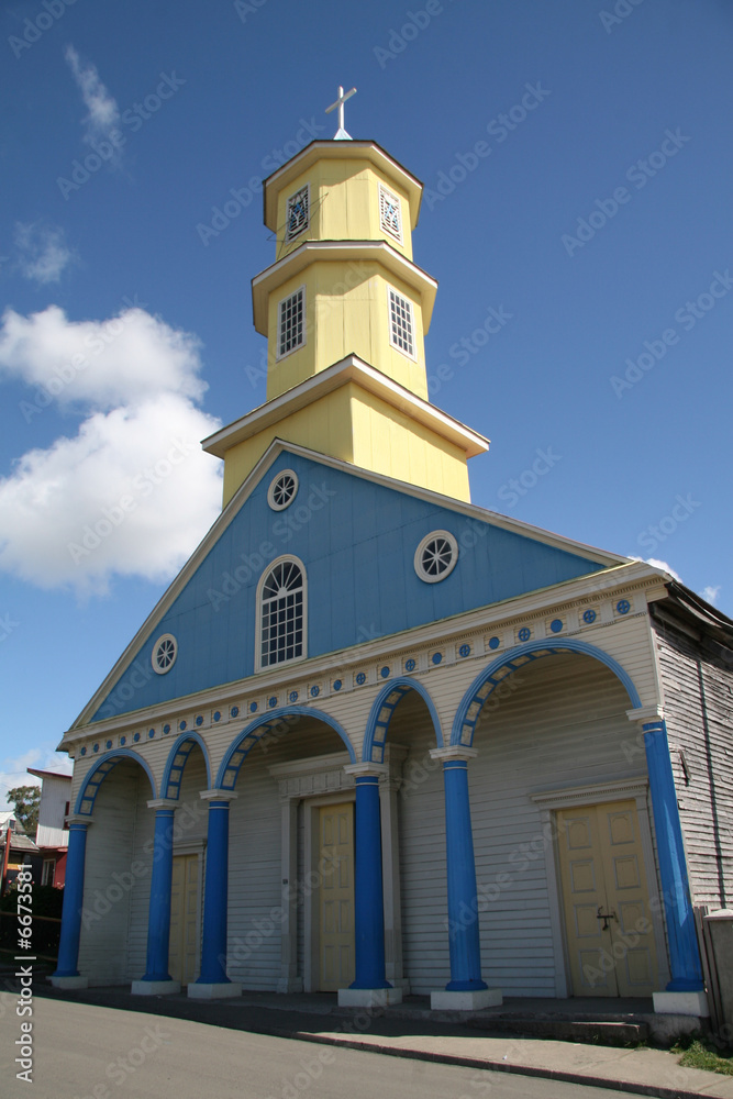 Famous church in Chonchi village, on Chiloé island of Chile