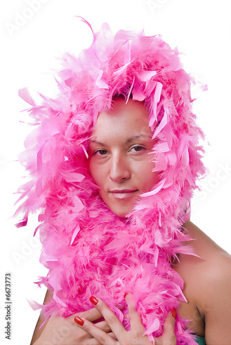 Photography Beautiful woman with pink feather boa