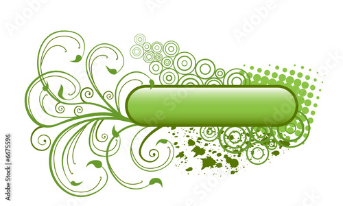 Green floral banner with abstract circles and blobs.