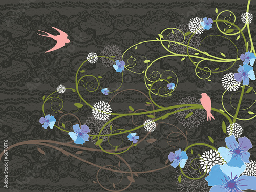 spring blue floral lace and pink swallows