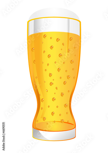 Glass of beer with bubbles and foam over white