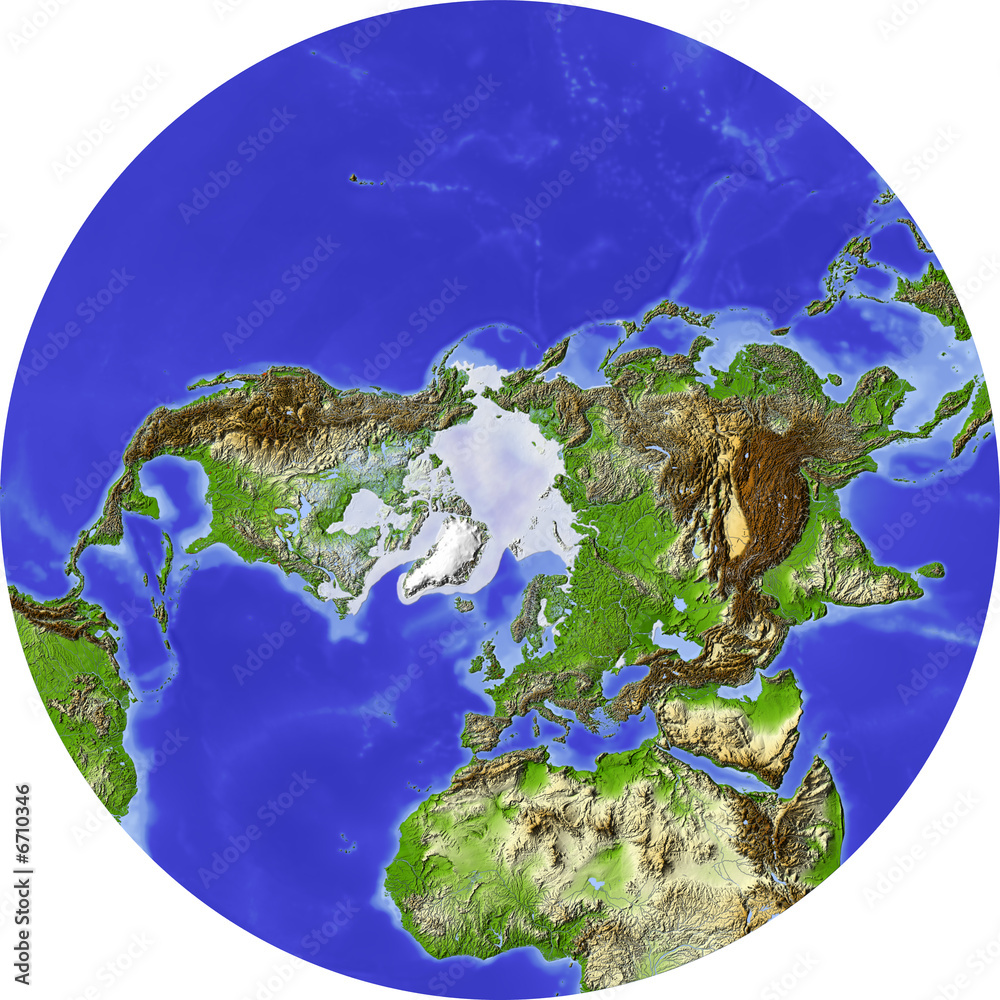 Obraz premium Globe, shaded relief, polar cap with ice cover