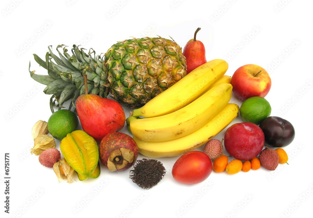 Ananas bananas mangosteen rambutan carambola tropical fruits