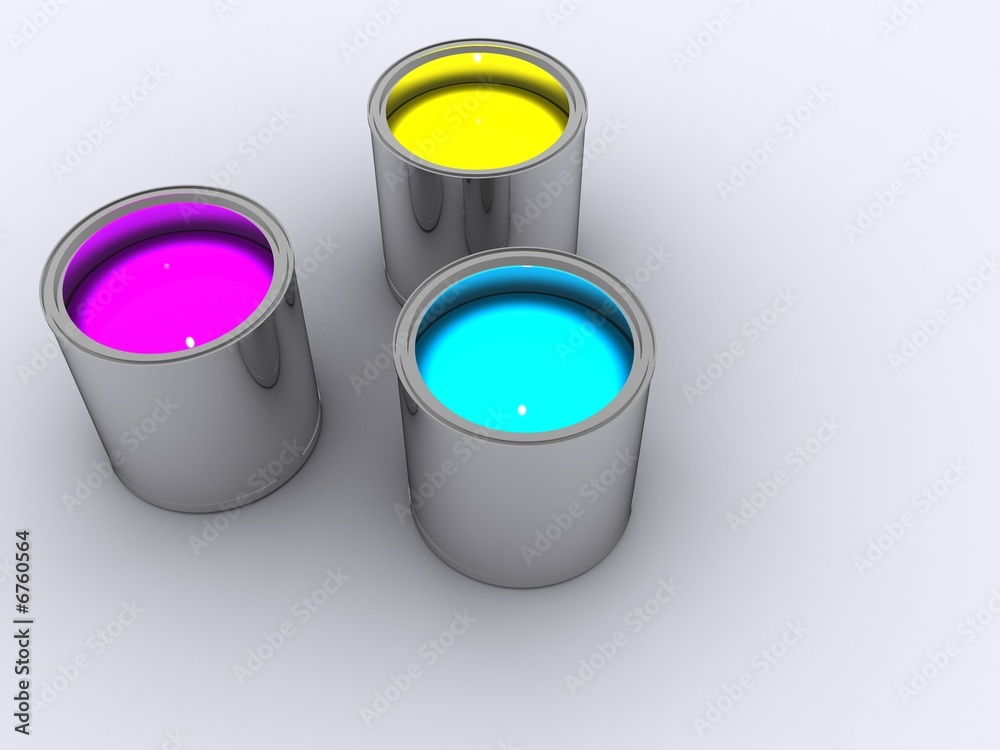 Three paint pots of Cyan, Yellow and Magenta paints Three paint pots of Cyan, Yellow and Magenta paints
