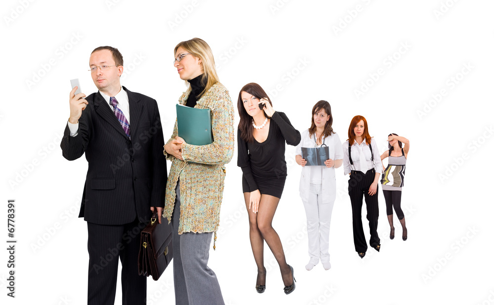 Obraz premium busy male teamleader and a line of businesswomen to meet him