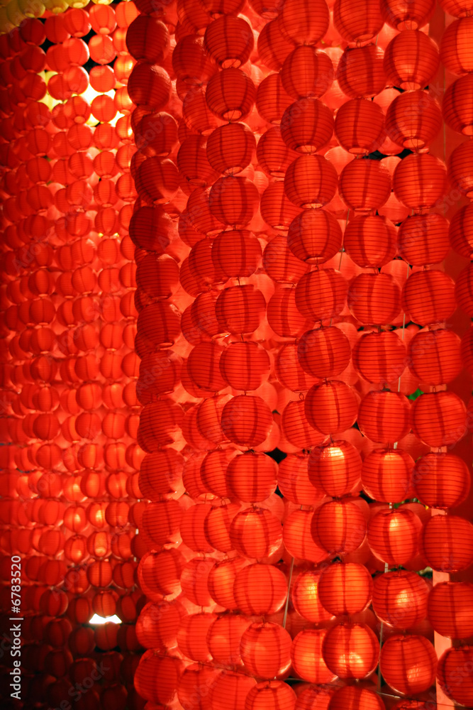 Red Chinese lanterns glowing at night