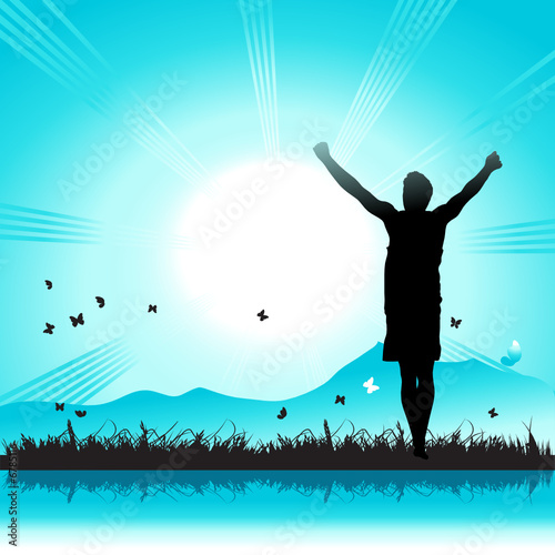 Happy people on nature, sun, grass and butterflies