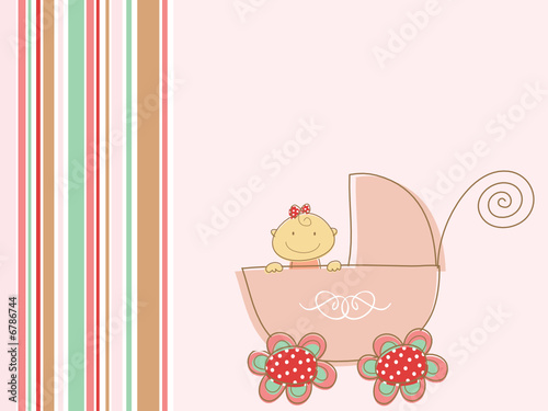 cute pink baby girl and pram (vector)