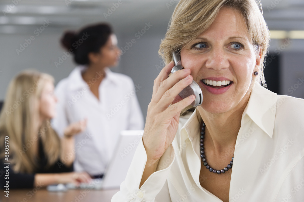 A smiling business woman using a cellphone. A smiling business woman using a cellphone.