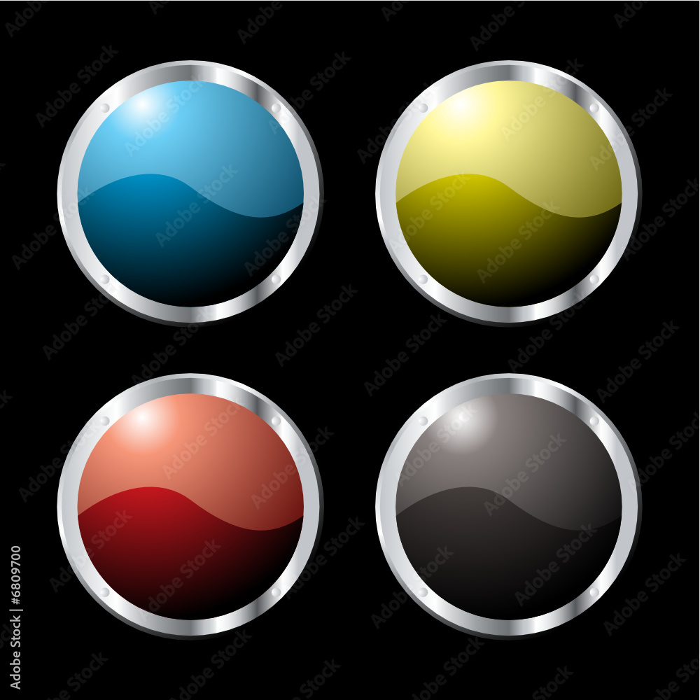 Collection of four buttons in various colors with a bevel Collection of four buttons in various colors with a bevel