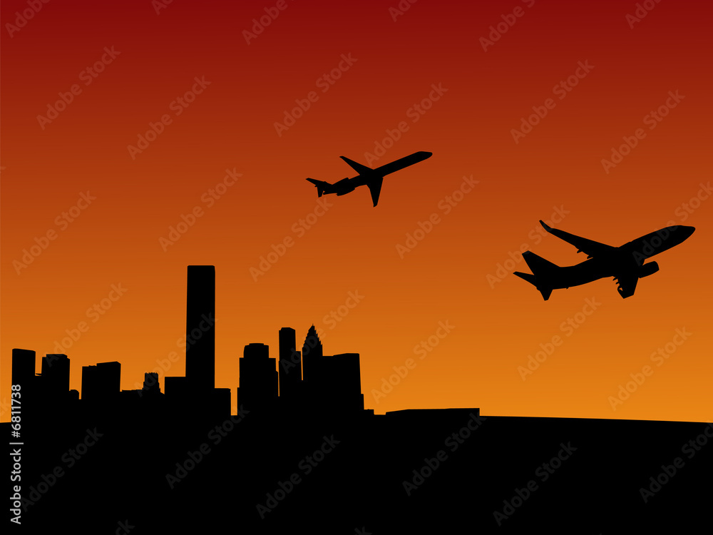 planes leaving Houston at sunset