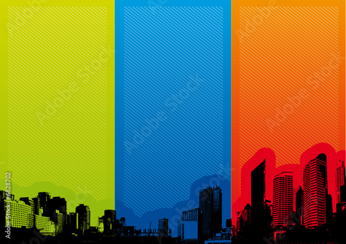 Panorama of city with colored strips. Vector