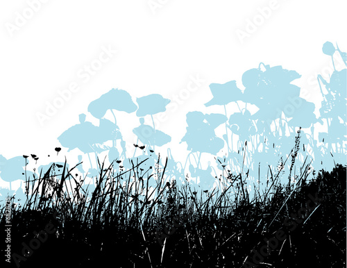 Black grass with light blue poppy flowers. Vector