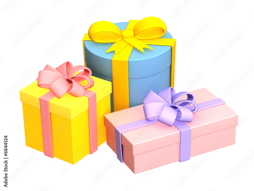 Three bright boxes with the gifts, fastened by tapes