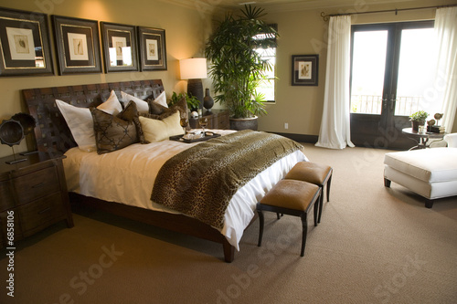 Luxury home bedroom with stylish furniture and decor.