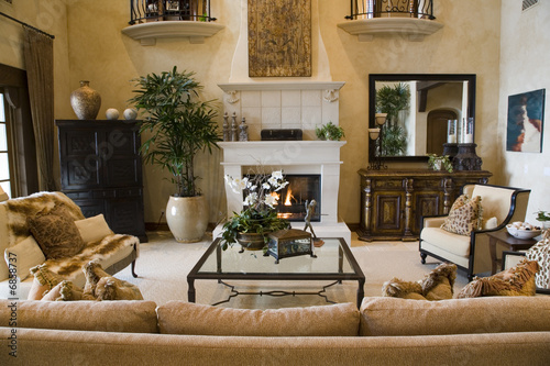 Living room with contemporary furniture and decor.