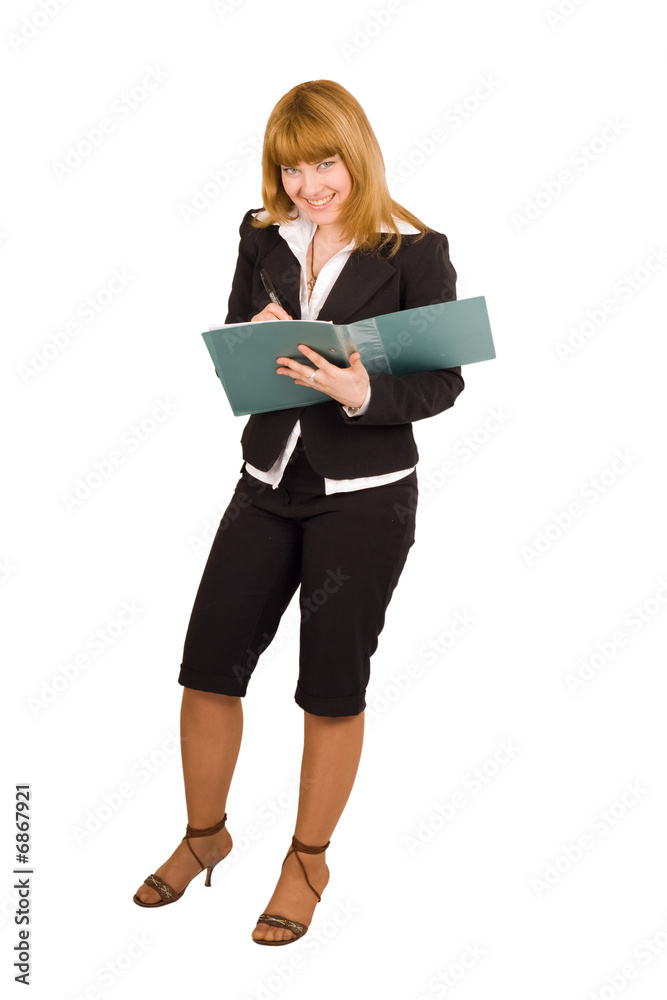 smiling sexy woman writes something in her papers smiling sexy woman writes something in her papers