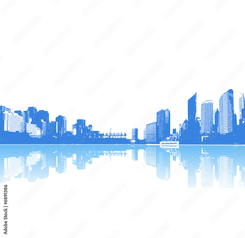 Panorama of city with reflection. Vector art.