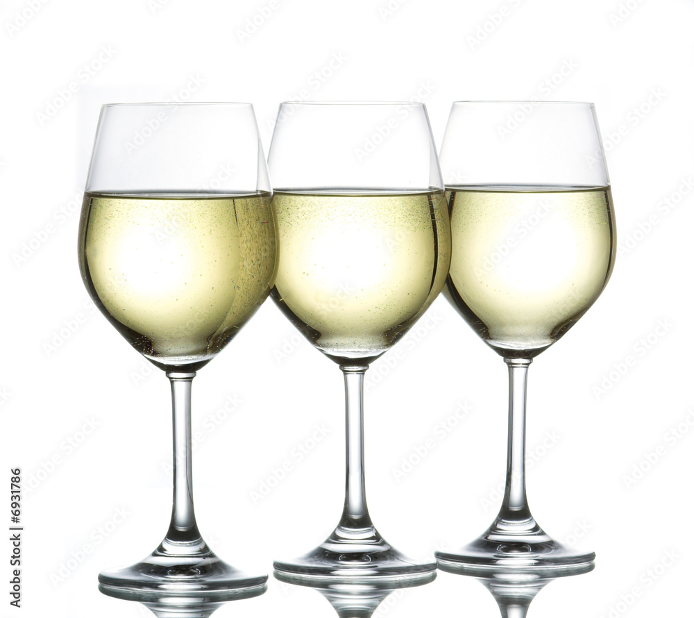three wine glasses filled with white wine side by side