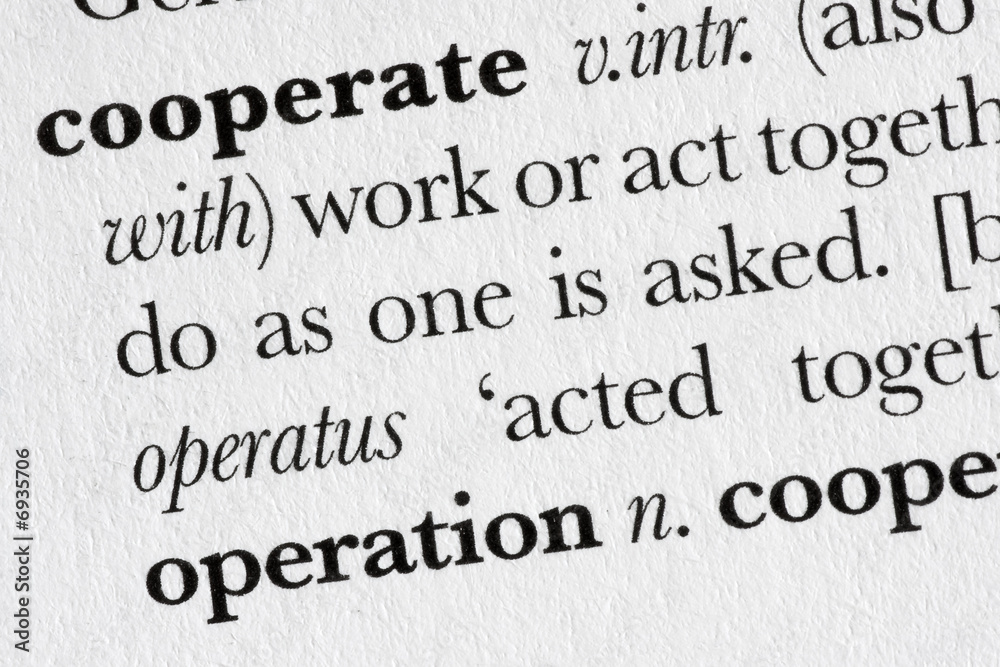 Obraz premium Cooperate word dictionary definition