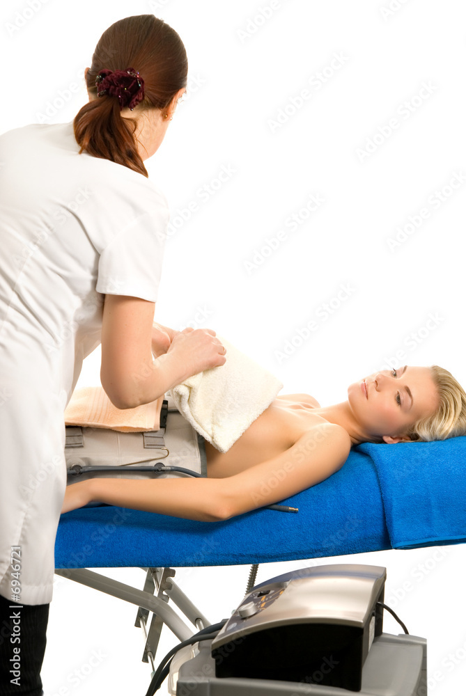 Nurse prepares patient for threatment. Isolated on white backgro