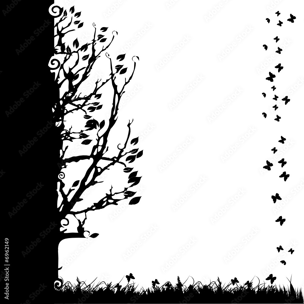 Naklejka premium Tree silhouette old, season, white and black background