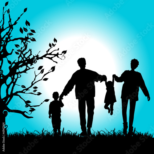 Happy family walks on nature, sunset