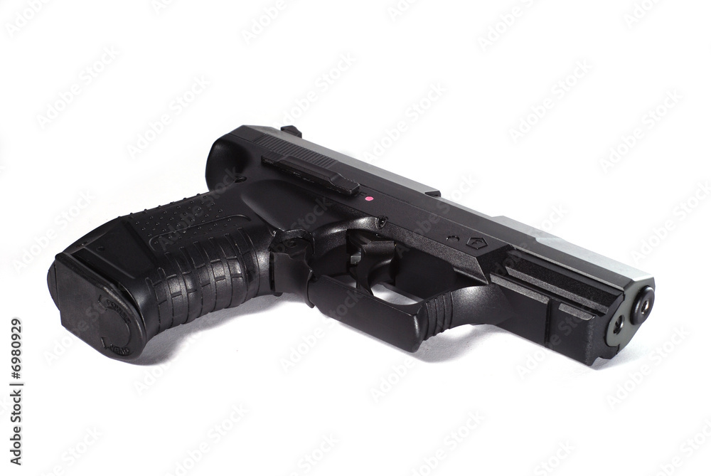 Black semi automatic handgun isolated on white background