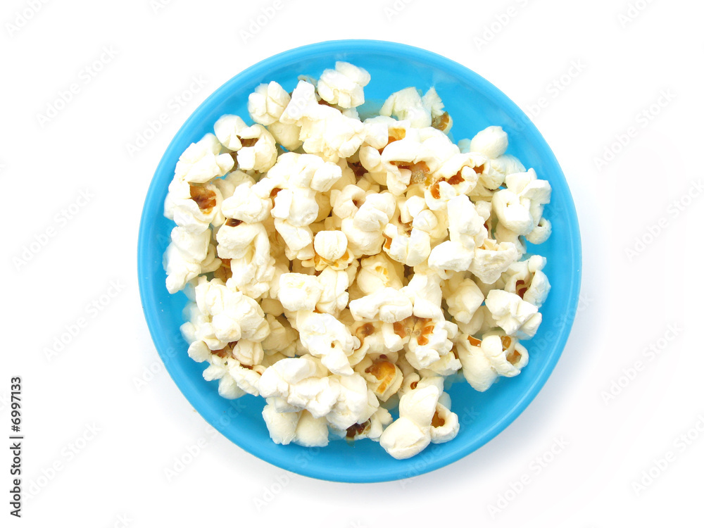 Popcorn in blue isolated on white background