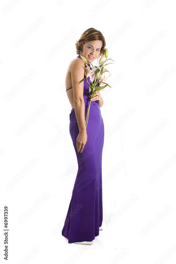 Young elegant female model holding lily flowers isolated Young elegant female model holding lily flowers isolated